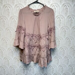 Indigo Soul Blouse Women Small Pink Boho Crochet Lace Tiered Ruffle Bell Sleeve